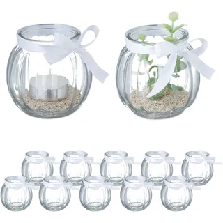 Relaxdays Windlicht, 12er Set, aus Glas, Teelichtgläser mit Schleife, innen & außen, Teelichthalter Deko, transparent