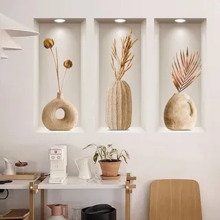 WandSticker4U®- Boho Wandtattoo VASEN 3D in Beige/Braun (120x68 cm) I Minimalistische Wandtattoo Wohnzimmer modern Schlafzimmer Erwachsene Vase mit Blumen I Wandaufkleber Küche Büro Flur Deko
