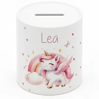 Personalisierte Spardose Kinder mit Namen – Keramik Sparschwein als Taufgeschenk, Geburtstagsgeschenk & Einschulungsgeschenk – Spardose Mädchen & Jungen, Geschenke zur Taufe - Einhorn-Rosa (8x9,5 cm)