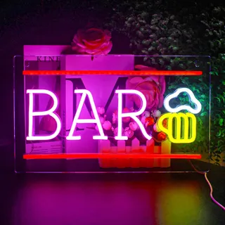 Looklight Bier Neon Schild BAR Buchstabe Neon Schriftzug Beer Leuchtreklame Gelbes rosafarbenes LED Neonlicht Wanddekoration für Bar, Party, Club, Restaurant, Küche, 25 x 42 cm