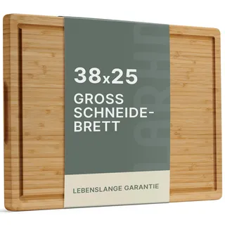 LARHN Bambus Schneidebrett Holz mit Griff & Saftrille - 38,5x25x2 cm | Massiv, vertikal verleimt, wendbar, vorgeölt, plastikfrei, zum Schneiden & Servieren: Fleisch, Gemüse, Brot, Käse & Wurst