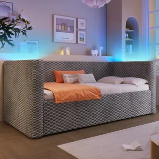 okwish Schlafsofa 90x200 Tagesbett Kinderbett mit Bettkasten,Jugendbett mit Hydraulikmechanismus,Daybett mit LED-Beleuchtung und Lattenrost,Grau (mit Matratze) - Grau