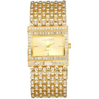 JewelryWe Damenuhr Glitzer Rechteckig Uhr: Damen Bling Strass Analog Quarz Armbanduhr Frauen Gold Breit Metallarmband Armreif Lässige Diamant Spangenuhr mit Eckigem Zifferblatt