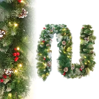 FIVMEN Weihnachtsgirlande mit Beleuchtung 800 cm Tannengirlande Weihnachtskranz Türkranz Weihnachten Stecker Stromversorgung mit Tannenzapfen Rote Beere und Schneeflocken Weihnachtsdeko Aussen