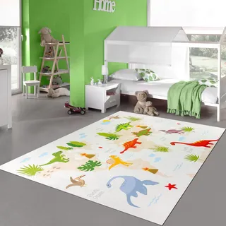 Teppich-Traum Kinderteppich Dinosaurier Kontinente Beige 200x290 cm | Pflegeleicht, rutschfest, strapazierfähig, hautsympathisch, schadstofffrei, mit Dinosauriern, Pflanzen und Kontinentennamen