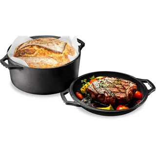 NutriChef Gusseisen Bräter mit Deckel Induktion –Dutch Oven Set, Lodge Cast Iron Pot – Schmortopf mit Deckel 2in1: Gusseisen Topf zum Brot Backen & Gusseiserne Pfanne, Töpfe & Pfannen Backofengeeignet