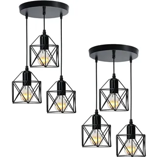 EMKE Vintage Pendelleuchte Hängelampe 3 Flammige Kronleuchter E27 Lampen Hängeleuchte Pendellampe für Wohnzimmer Küche Esszimmer Lampe Schwarz (2 Sets)