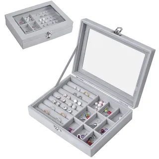 Schmuckkästen mit Glasdeckel, 9 Gitter Schmuckaufbewahrung Schmuckkoffer Damen Schmuckbox Reise, Beflockung Halskette Ohrringe Ring Schmuckschatulle, Transparente Aufbewahrungsbox für Schmuck, Grau