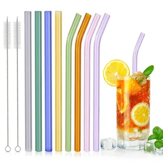 8 Stück Wiederverwendbare Glasstrohhalme Set, 4 Gebogene Glas Strohhalme und 4 Gerade Glas Trinkhalme mit 2 Reinigungsbürsten, Strohhalme Bunt für Cocktails, Smoothies, Bubble Tea