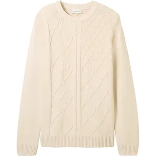 Rundhalspullover TOM TAILOR, Herren, Gr. M, beige (smooth light sand), Strick, Obermaterial: 60% Baumwolle, 40% Polyacryl, unifarben, regular fit Po-bedeckend, Rundhals, Rippbündchen, Pullover Rundhalspullover, mit Zopfmuster