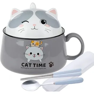 Lachineuse - Ramen Schüssel Kawaii Katze mit Deckel - Cat Time Ramen Bowl 1020 ml - Nudelsuppe Schüssel - Nudelschüssel Schale - Müslischalen mit Henkel - Farbe Grau