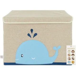 Bieco Aufbewahrungsbox mit Deckel | 65L faltbar | ca. 36x36x51cm | Spielzeugkiste mit Deckel | Aufbewahrungsbox Kinder | Kisten mit Deckel | Aufbewahrungsbox Groß | Wickeltisch Organizer | Wal Motiv