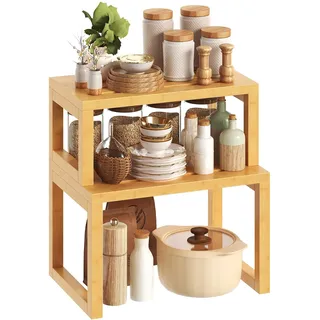 HOOBRO Gewürzregal, 2er Set Küchen-Organizer, Bambus Küchenregal, Schrank-Organizer, Gewürzhalter, kleines Regal für Küche, Esszimmer, Wohnzimmer, Büro, Schlafzimmer, Badezimmer, Natur EYL12TL01