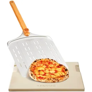 Pizzastein 38,1 x 30,5 cm und drehbare Pizzaschaufel 30,5 cm, Backstein mit antihaftbeschichteter Aluminiumschale und Buchenholzgriff, Cordierit-Brotstein für den Ofen