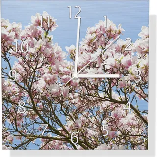 Wallario Design Wanduhr Schöne rosa Magnolien-Blüten vor blauem Himmel aus Aluverbund, Größe 30 x 30 cm - Blau