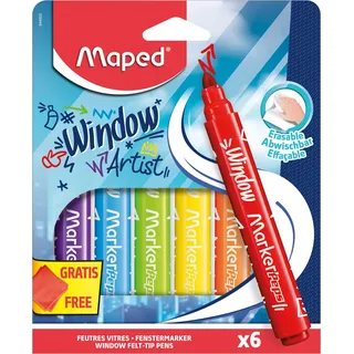 Maped - Fenstermarker MARKER'PEPS WINDOW - rot, gelb, grün, blau, orange, lila - inkl. Mikrofasertuch