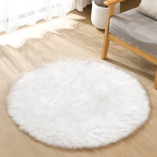 ORINOVA Teppich Rund Weiß Flauschig Fellteppich 90 cm Kunstfell Teppich Kuschel Weich Bettvorleger Schlafzimmer Deko Wohnzimmer Waschbar