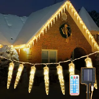 Clanmacy 10M LED Solar Eiszapfen Lichterkette Außen Innen 80LEDs Warmweiß 8 Modi IP44 Party Garten Lichtervorhang Weihnachten Eisregen Beleuchtung Deko - Weiß