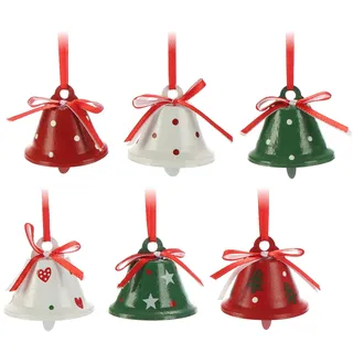 com-four® 6X Hängedeko für Weihnachten 4,5 cm Ø - Glöckchen aus Metall zum Anhängen - dekorative Blechglocken als Anhänger für Fenster, Tür und Christbaum (rot/weiß/grün - 6X)