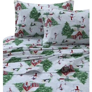 Tribeca Living SNMANSHEETQURG Bettlaken-Set, Motiv: Schneemann, rot/grün, Bedruckt, Flanell, tief, 3-teilig, Queen-Size-Bett