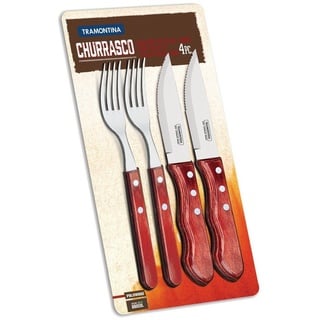 Tramontina Jumbo Steakbesteck, Set 4-teilig, mit 2 Steakmessern und 2 Steakgabeln, Edelstahl, Holzgriff, FSC (Rot)