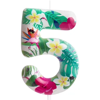 Kerze zum 5. Geburtstag, Flamingo, Zahl 5, Kerze, Flamingo, Kuchendekoration, Geburtstagsparty-Zubehör, weiß, tropische hawaiianische Blumen, Thema, für Babyparty, Kinder, Jungen, Mädchen,