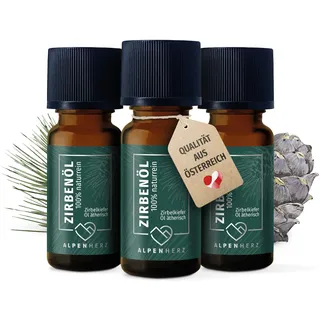 ALPEN HERZ Zirbenöl 30ml (3 x 10ml) - 100% naturreines & ätherisches Zirbelkieferöl aus Österreich - Duftöl als Raumduft für Duftlampen, Zirbenwürfel & Diffuser - Zirbelkiefer Öl