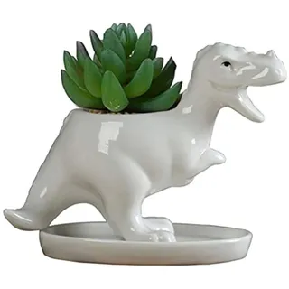 KiaoTime Weiße Keramik-Sukkulenten-Übertöpfe in Dinosaurier-Form, kleine Pflanzgefäße, Bonsai-Pflanze, Dino-Töpfe, Vase, Behälter, Kaktus, Schreibtisch, Tierdekoration, Stifthalter, Kindergartentöpfe