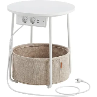 VASAGLE Beistelltisch rund, Kleiner Tisch, Couchtisch mit Steckdose, Wohnzimmertisch, Korb aus Stoff, Stauraum für Wohnzimmer Schlafzimmer, Nachttisch modern, mattweiß-Kamelbraun LET228W02