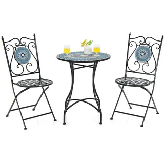 Fantask 3-teilig Sitzgarnitur, Balkonset inkl. Mosaiktisch + 2 klappbar Mosaikstühle, Gartengarnitur, Sitzgruppe für Garten, Terrasse, Balkon (Blau)