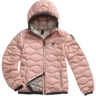 Blauer Gesteppte Daunenjacke mit Kapuze und Zwei-Wege-Reißverschluss - Rosa