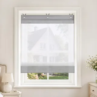 Joyswahl Voile Ösenrollo Transparent Raffrollo mit Ösen 100x155 Silbergrau | Irene Raffgardinen ohne Bohren, Rollo mit Hakenaufhängung, Fensterrollo mit Farbiger Blende, Schals Fenster Gardine 1 Stück