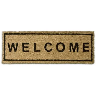 Relaxdays Fußmatte schmal WELCOME 75 x 25 cm Kokosmatte mit rutschfester PVC Unterlage Fußabtreter aus Kokosfaser als Schmutzfangmatte und Sauberlaufmatte Fußabstreifer für Außen und Innen, braun