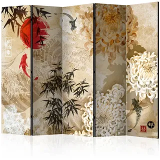 Muralo Paravent Beidseitig Bedruckter 5-tlg 225x172 cm Koi-Fische Japanischer , Braun , Holz, Textil , Baum/Pflanze/Natur , Rechteckig , 225x172x3 cm , Wohnzimmer, Raumteiler, Paravents