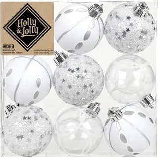 Holly & Jolly - Verzierte Weihnachtskugeln Winter Silver, 9 Stück | Christbaumkugeln aus Kunststoff, ca. 6 cm, Weihnachtsbaumschmuck in Silber, beglittert, Weihnachtsdeko für Innen