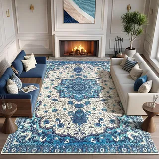 Tinyboy-hbq Teppich Wohnzimmer Kurzflor Teppich Schlafzimmer Vintage rutschfest Weich Großer Teppiche Orientalisches Design (Blau, 200 x 300 cm)