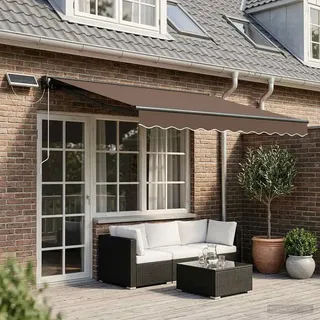 ACAGALA Elektrische Markise 4,5x3m Taupe, Halbkassettenmarkise mit Handkurbel, Fernbedienung & Windsensor, Balkonmarkise Sonnenmarkise für Terrasse Balkon Garten, Anthrazit Rahmen