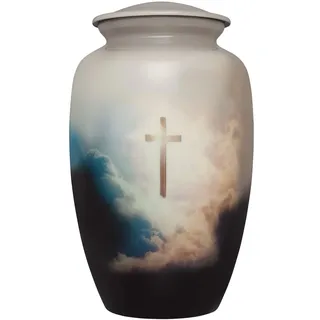 Urne für Beerdigung, mit Kreuz im Himmel, für menschliche Asche, handgefertigt aus Aluminium, geeignet für Friedhofsbeerdigung oder Nische, große Größe für Erwachsene bis zu 90 kg