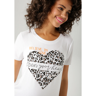 T-Shirt ANISTON CASUAL, Damen, Gr. 46, schwarz (weiß schwarz, taupe, orange), Single Jersey, Obermaterial: 95% Viskose, 5% Elasthan, bedruckt, figurumspielend hüftlang, Rundhals, Shirts T-Shirt, mit Herz, Leo-Druck und Statement-Schriftzügen