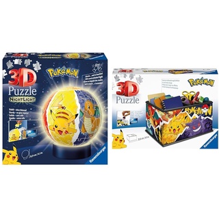 Ravensburger 3D Puzzle 11547 - Nachtlicht Puzzle-Ball Pokémon & 3D Puzzle 11546 - Aufbewahrungsbox Pokémon - 216 Teile - Praktischer Organizer für Pokémon Fans ab 8 Jahren