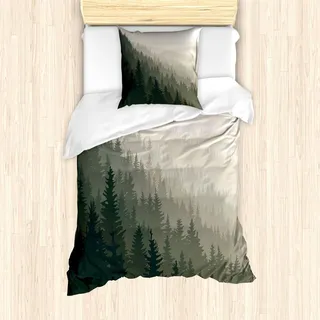 ABAKUHAUS Wald Bettbezug Set, Nördliche Teile der Welt mit Nadelbäumen skandinavischen Wald, 135 x 200 cm + 80 x 80 cm, Dunkelgrün Creme Tan - dunkelgrün, Creme, Braun