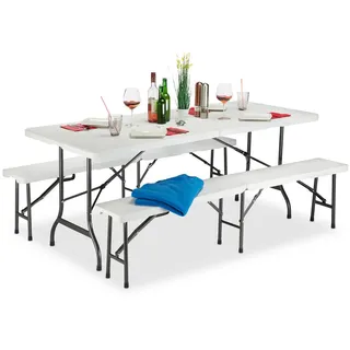 Relaxdays Bierzeltgarnitur Weiß 3-tlg. klappbar , Kunststoff, Metall , Gartenmöbel, Gartengarnituren, Gartenmöbel-Sets