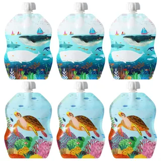 ChooMee Wiederverwendbare Babynahrungsbeutel – BPA-frei, auslaufsicherer Quetschbeutel für Kleinkinder, Smoothies, Pürees & Babynahrung, Nachfüllbar, Doppelreißverschluss, 6 Stück, 8 oz SeaLife