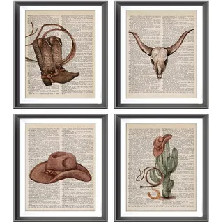 Western-Cowboystiefel, Hut, Stier, Totenkopf, Kaktus, Vintage-Wörterbuch-Kunst-Posterdrucke für Mädchenzimmer, Wohnheim-Dekoration, Aquarell-Retro-adrette Dekorationen, Drucke, Wandkunst, ungerahmt, 4