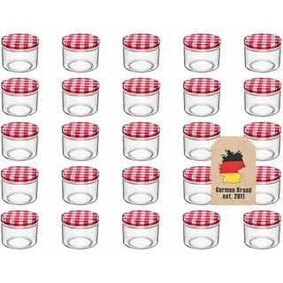 INTIRILIFE 25 Stück Einmachgläser mit Deckel - 150 ml - 6.5 x 6.5 cm -Kleine Sturzgläser Marmeladengläser Vorratsgläser mit Schraubdeckel, Gewürzglas perfekt zum Verschenken, rot weiß karriert