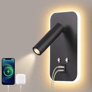 AWEKLIY 3W+7W LED leselampe wandlampe, USB A+C Ladeanschluss, mit Schalter Touch Dimmbar, wandleselampe Bettlampe Nachtlicht Leselicht Schwenkbar Wandbeleuchtung Hotels Nachttischlampe 3000K Schwarz