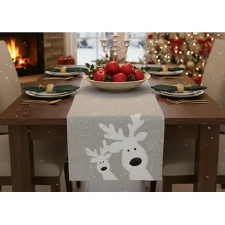 KAMACA Tischläufer 40x140 cm edles grau mit filigraner Stickerei lustige, neugierige Elche & Schneeflocken robust farbecht pflegeleicht Deko Winter Weihnachten (Lustige Elche hellgrau 40x140)