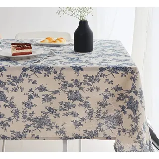 Wracra Tischdecke Abwaschbar 300 x 140 cm, Tischdecke Blau Baumwolle Leinen | Blaues Blumen Muster, Vintage Tischdecke Outdoor, Rustikal Modern, Hitzebeständig, Dick, Garten, Esszimmer, Feiertage
