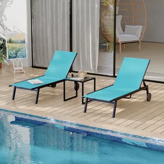 GarveeHome 3-Teiliges Terrassen-Lounge-Set Mit 2 Textilene-Liegen Und 1 Couchtisch, Loungesessel Mit Verstellbarer Rückenlehne Und Rollen, Für Poolbereich Und Terrasse
