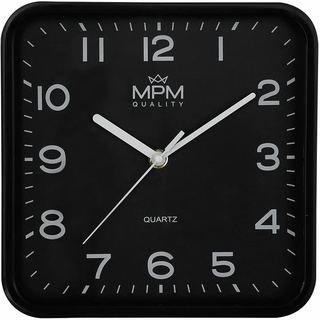 MPM Quality Design Kunstoff Wanduhr, Quadratisch, arabische Ziffern, Schwarz, Quarz-Uhrwerk Sweep, 220 x 40 mm, Classic Modern, Analog Wand Uhr, Wanddeko, Dekoration für Wohnzimmer, Küche, Büro